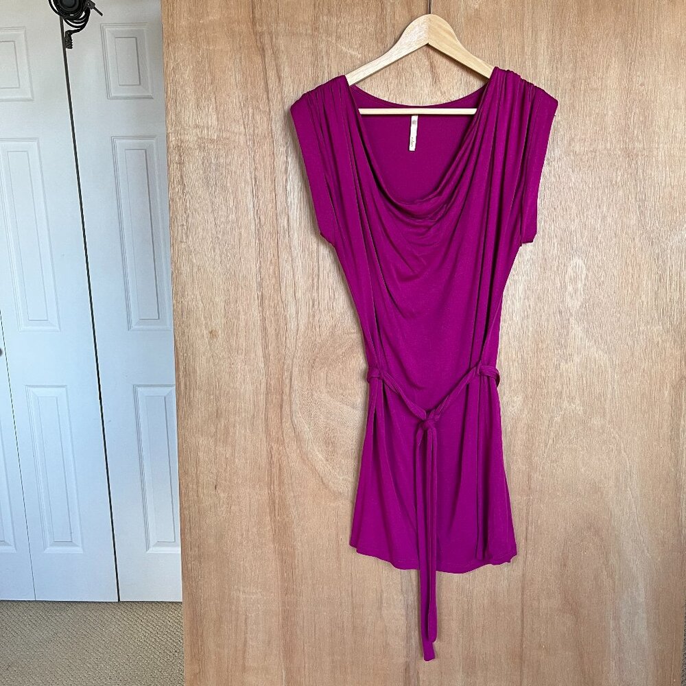 Estam Magenta Pink Cowl Neck Belted Tie Waist Cotton Blend Knit Dress V-Day S